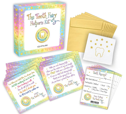 Tooth Fairy Kit for Boys and Girls, Magical Keepsake Gift with Tooth Pouch, 10 Unique Tooth Fairy Cards, 10 Tooth Fairy Receipts, 10 Golden Envelopes, First ToothFairy Visit