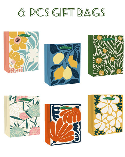 qiqee 7.9"x4.3"x9.6" 6PCS Clash Flowers Paper Gift Bags with Tissue Paper Handles Medium Size Bags（ Tissue Paper ）