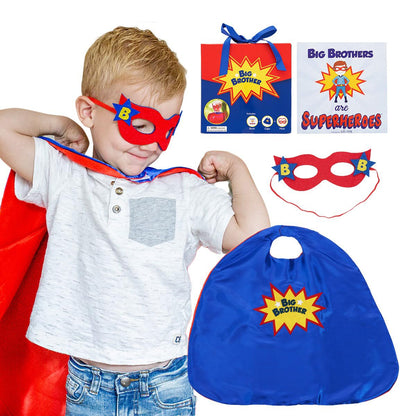 Tickle & Main Big Brother Gifts for Boy - 3-Piece Satin Superhero Cape & Mask with Storybook, Ages 2+, X-Large, Blue/Red/Yellow - Big Brother Superhero Cape Gift
