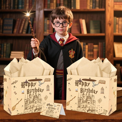 EIGHTSTATES Wizard Happy Birthday Gift Bag - Castle Birthday Party Favors with Greeting Card & Tissue Paper Envelope for Boys/Girls - Halloween Bday Decor for Wizard Parties, Baby Showers