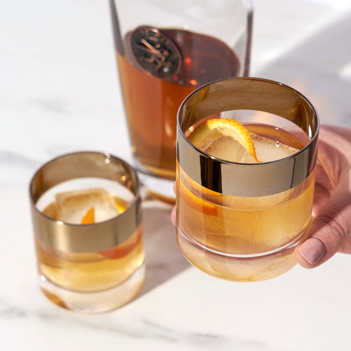 Viski Irving Bronze Rim Crystal Lowball Tumblers Set of 2 - Premium Crystal Clear Cocktail Glass Bronze Rimmed Glassware, Stylish Lowball Whiskey Glass Gift Set, 12 oz