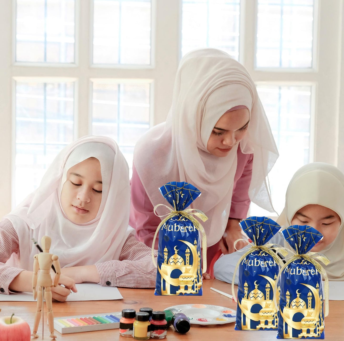Whaline 100 Pcs Eid Mubarak Cellophane Bags with Ribbon Ramadan Plastic Treat Bags Blue Gold Candy Goodie Bags for Islamic Muslim Party Snack Cookie Packing Supplies
