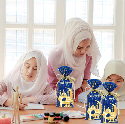 Whaline 100 Pcs Eid Mubarak Cellophane Bags with Ribbon Ramadan Plastic Treat Bags Blue Gold Candy Goodie Bags for Islamic Muslim Party Snack Cookie Packing Supplies