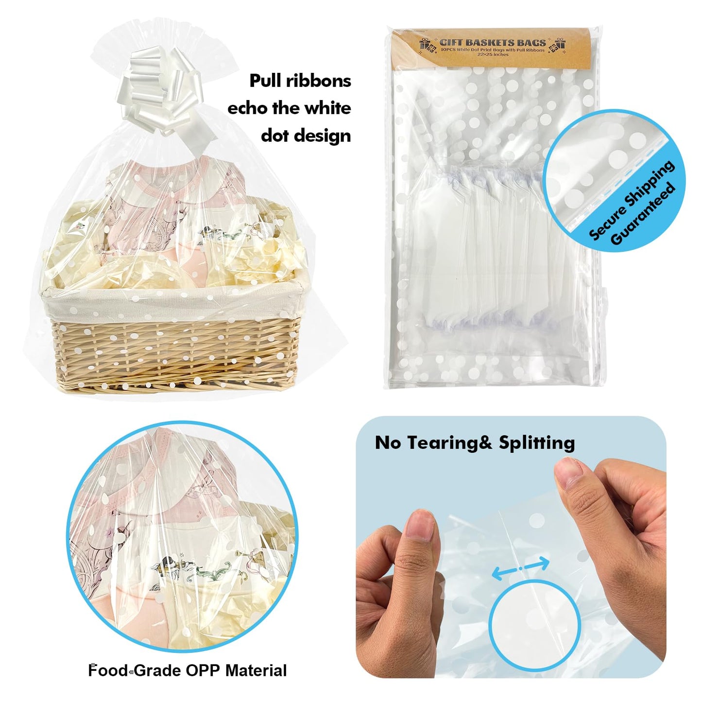 EKAPACKAGING 22x25 Inches 10 Pcs Large Cellophane Bags for Gift Baskets, Plastic Gift Basket Wrapping with Pull Ribbons, Clear Cellophane Gift Bags for Party, Mother’s Day, Baby Showers, Christmas