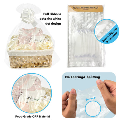 EKAPACKAGING 22x25 Inches 10 Pcs Large Cellophane Bags for Gift Baskets, Plastic Gift Basket Wrapping with Pull Ribbons, Clear Cellophane Gift Bags for Party, Mother’s Day, Baby Showers, Christmas
