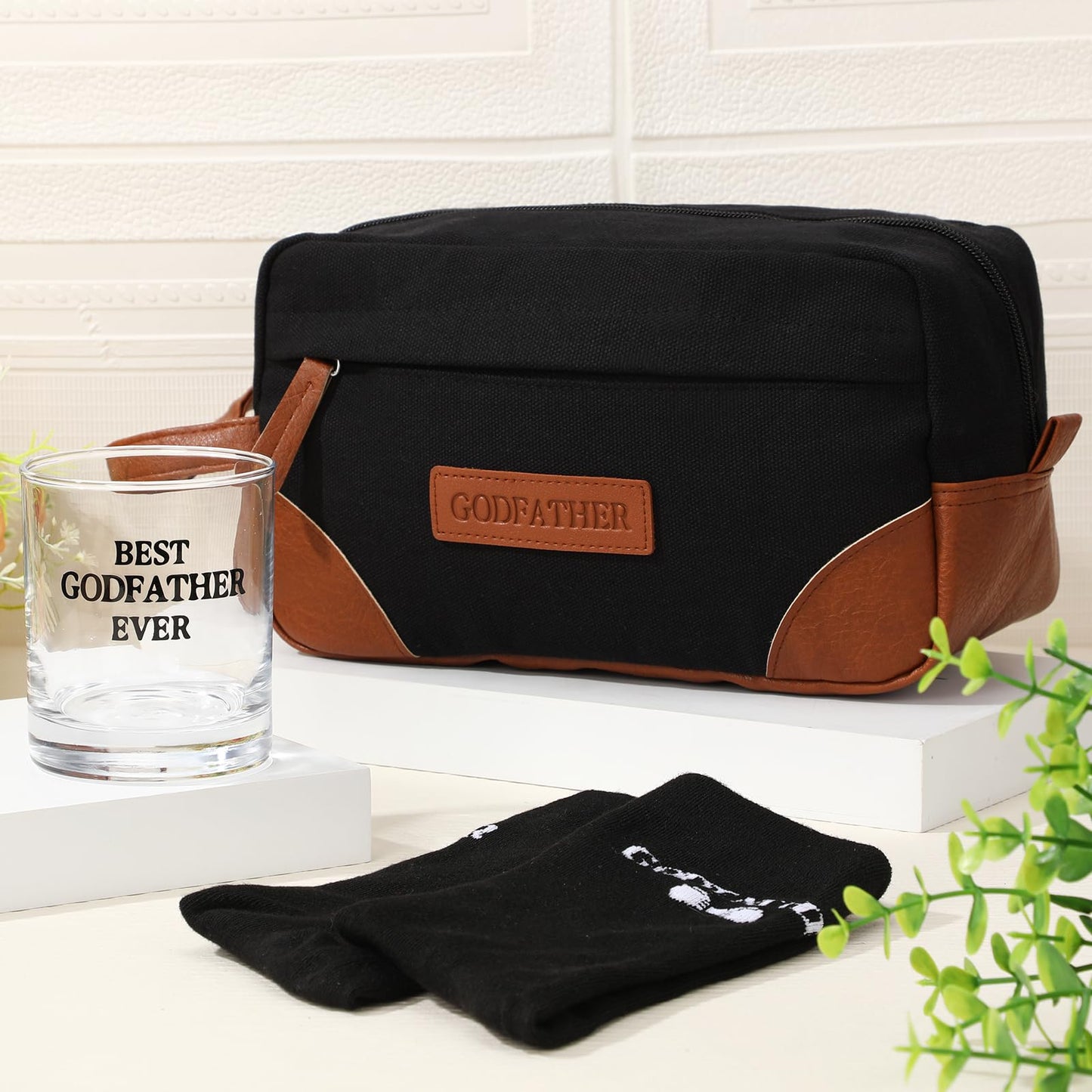 Honeydak 3 Pack Godfather Gift Set for Men Includes Whiskey Glass Funny Godfather Socks and Toiletry Bag with Leather Patch Birthday Proposal Gift from Godchild