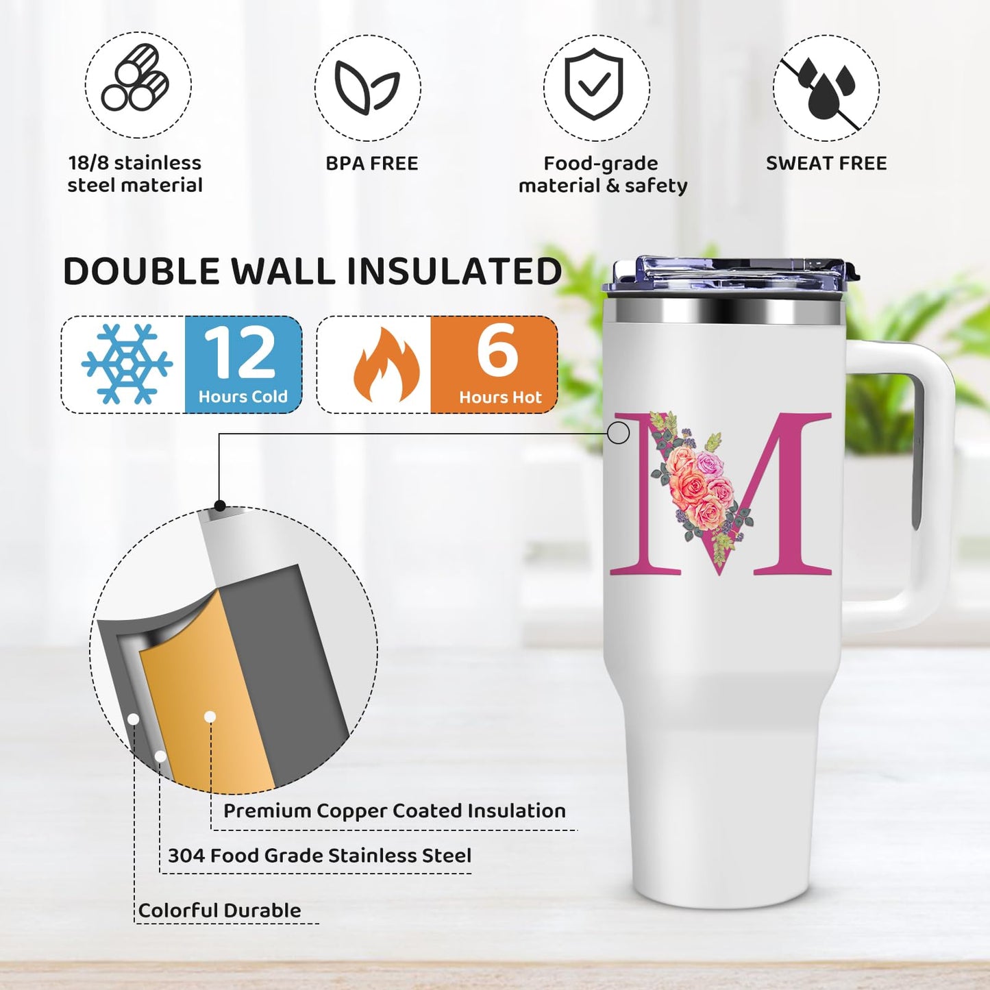 Monogrammed Gifts for Women,Initial Tumbler with Lid,Personalized Gifts,Birthday Gift for Women,Travel Cup,Coffee Tumbler,Cute Tumbler with Straws,for Christmas-M