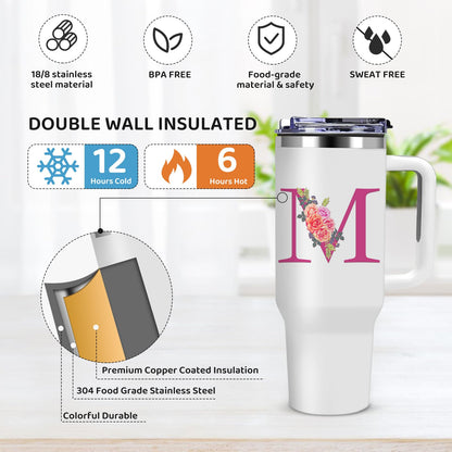 Monogrammed Gifts for Women,Initial Tumbler with Lid,Personalized Gifts,Birthday Gift for Women,Travel Cup,Coffee Tumbler,Cute Tumbler with Straws,for Christmas-M