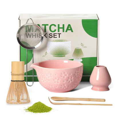 Matcha Whisk Tea Set Kit: Japanese Matcha Kit - Ceramic Bowl Bamboo Whisk Chasen Holder spoon Measuring Scoop Sifter - Traditional Practical for Tea Ceremony Breakfast Lattes - Home Kitchen Christmas