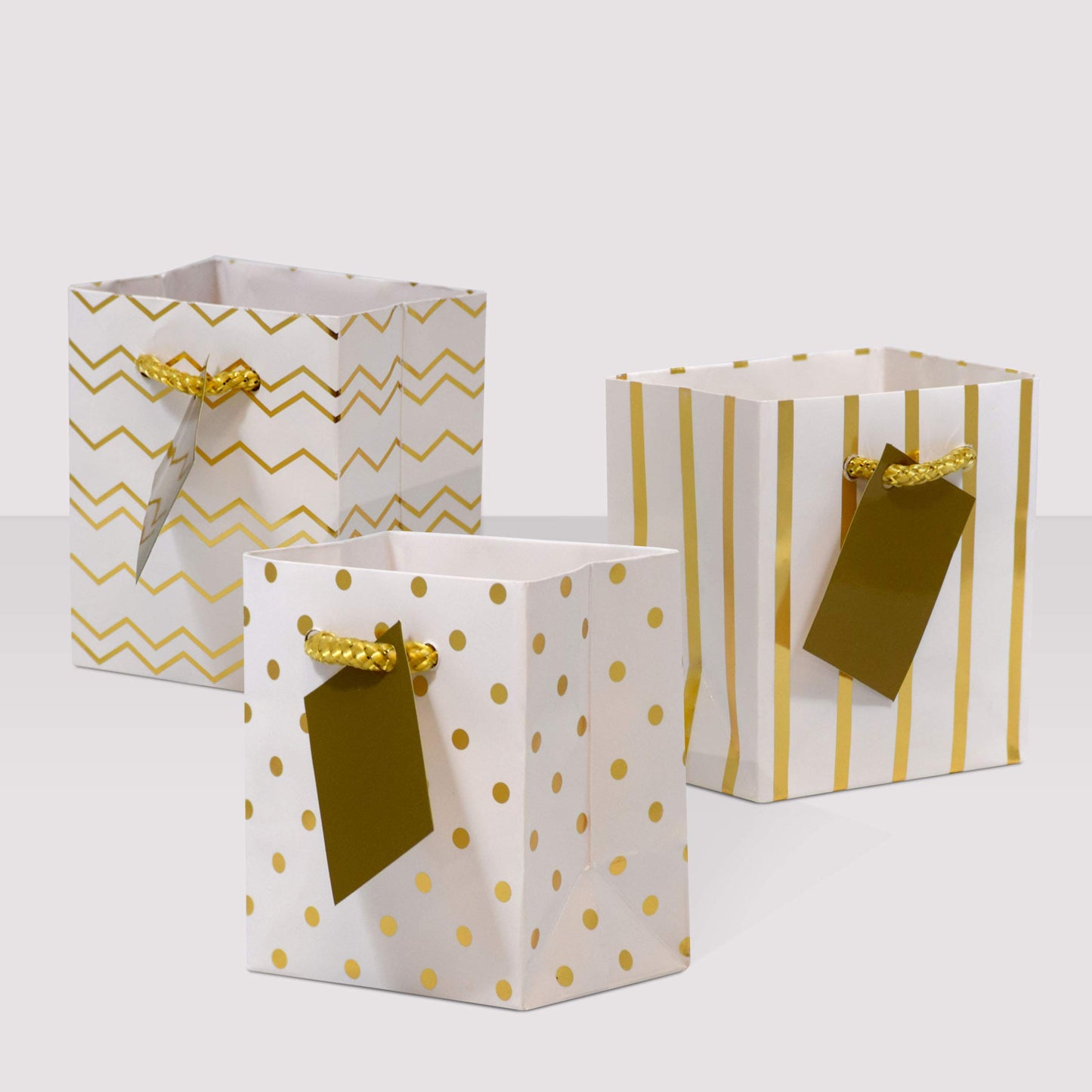 OccasionALL Tiny Gold Gift Bags, Mini Paper Gift Bags with Handles for Gift Cards, Wedding Showers, Party Favors, Events, Goodie Bags, Retail Shopping, Bulk, 4x2.75x4.5, 12 Pack