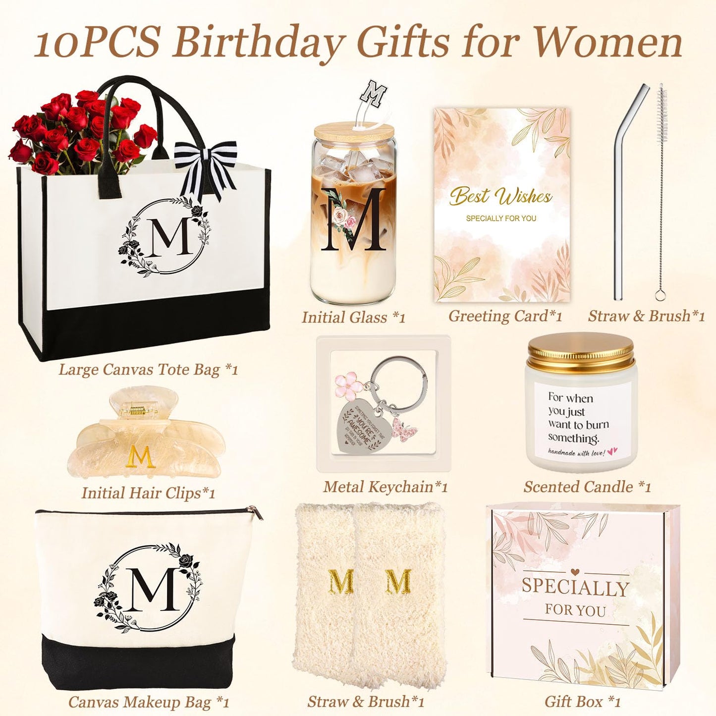 Birthday Gifts for Women, 10pcs Monogrammed Gifts for Women Initial Canvas Tote Bag, Makeup Bag, Glass Cup, Hair Clip, Candle Basket Birthday Personalized Gift for Her Woman Mom Wife Friend Teacher, M