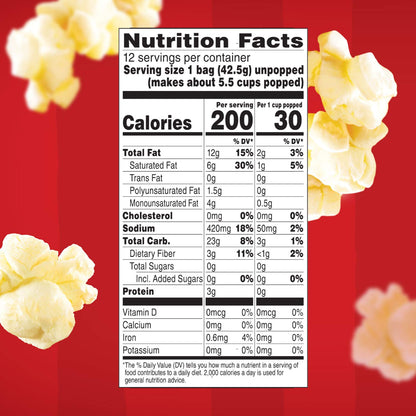 Orville Redenbacher’s Microwave Popcorn Mini Bags, Movie Theater Butter Flavor, 3g Fiber Per Serving, 1.5 oz., 12-Count
