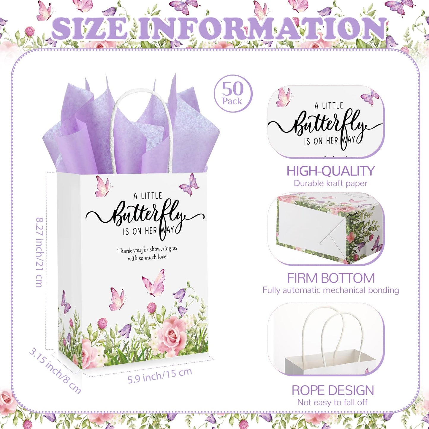 Engrowtic 50 Set Butterfly Baby Shower Party Gift Bags a Little Butterfly Is on Her Way Party Favors Purple Pink Floral Gift Bags with Handles for 50 Guests for Baby Shower Birthday Decorations