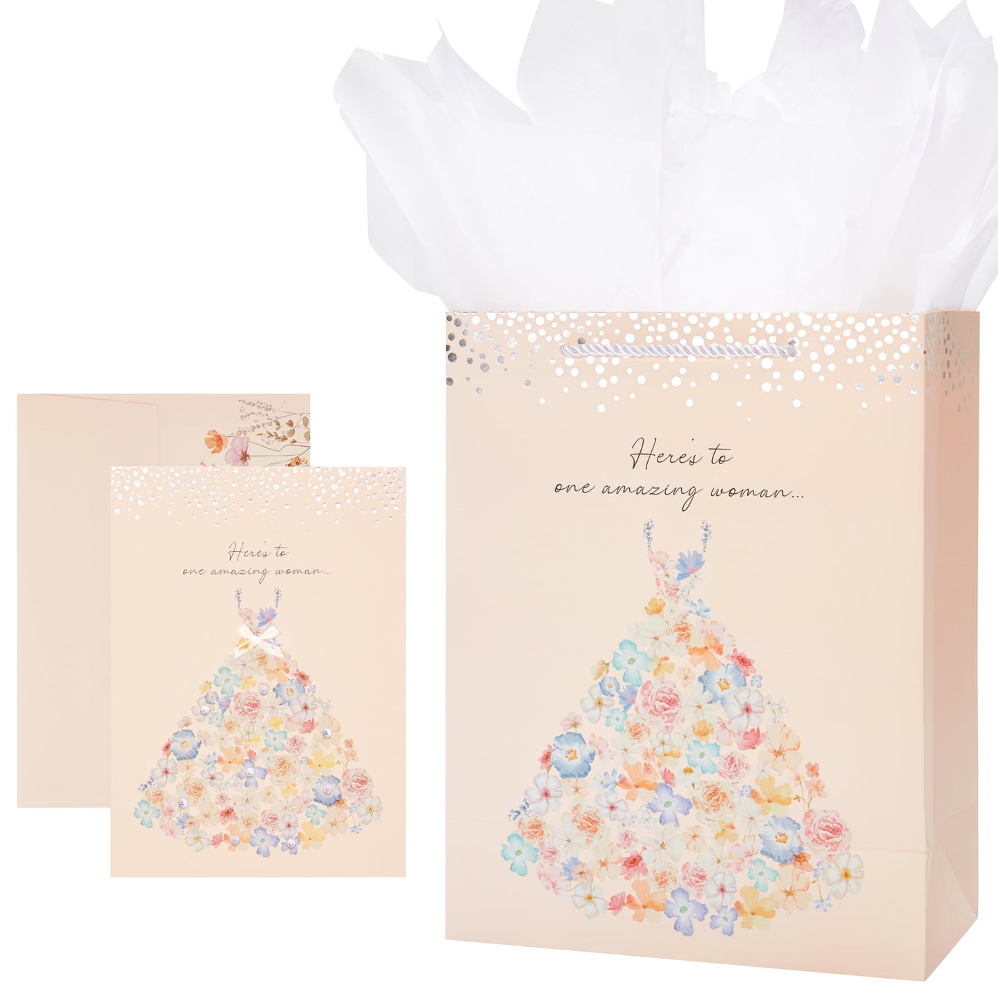 Crisky 13" Large Bridal Shower Bag with Cards Gift Bag with Tissue Paper, Gift Card(Here's to One Amazing Women) for Wedding, Bridal Shower, Engagement Party