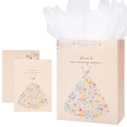 Crisky 13" Large Bridal Shower Bag with Cards Gift Bag with Tissue Paper, Gift Card(Here's to One Amazing Women) for Wedding, Bridal Shower, Engagement Party