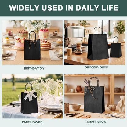 METRONIC Black Paper Gift Bags 8x4.25x10.5 Inches 100 Pack, Medium Kraft Shopping Bag with Handles for Business, Boutique, Party Favors, Retail Stores, Gift Wrap Bulk