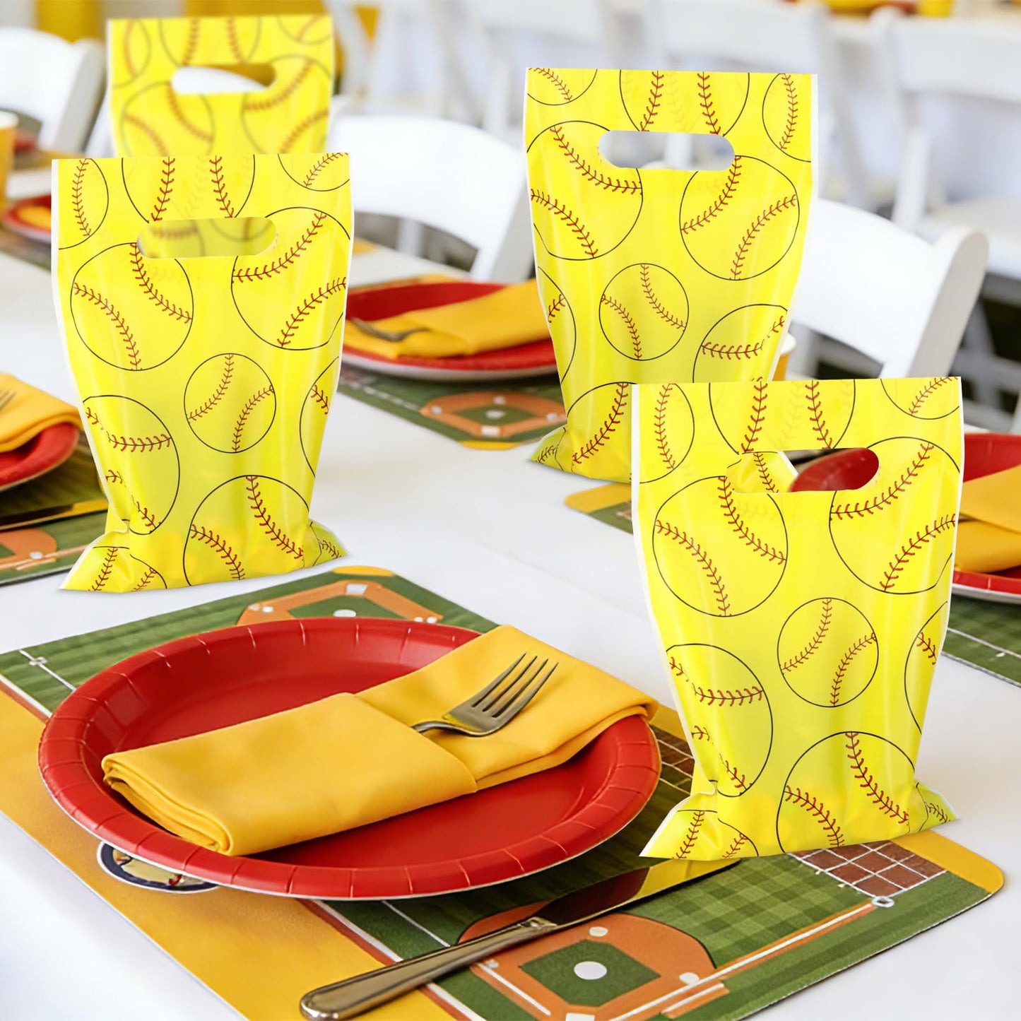 Hxezoc 50 Pieces Softball Gift Bags Plastic Softball Bags Practical Gift Bags Sport Party Favors for Softball Theme Birthday Party Decoration Supplies