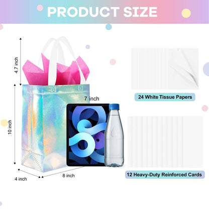 Addblu 12 Pack Reusable Gift Bags with Handles & 24 Tissue Papers, 10x4x8 Inch Iridescent Gift Bags with Cardboard Bases for Shopping, Parties, Birthdays, Weddings, Holiday, Father's Day (Holographic Gift Bag-White Papers)