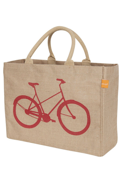 KAF Home Jute Market Tote Bag with Bicycle Print, Durable Handle, Reinforced Bottom and Interior Zipper Pocket, Generous capacity, 12.5" tall x 17" wide x 7" deep