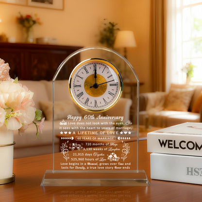 60th Wedding Anniversary Glass Quartz Clock Gifts for Women Men, 60 Year Anniversary Romantic Gift for Him Her, Diamond Anniversary Clock Gifts for Couple, 60 Years of Marriage Gifts