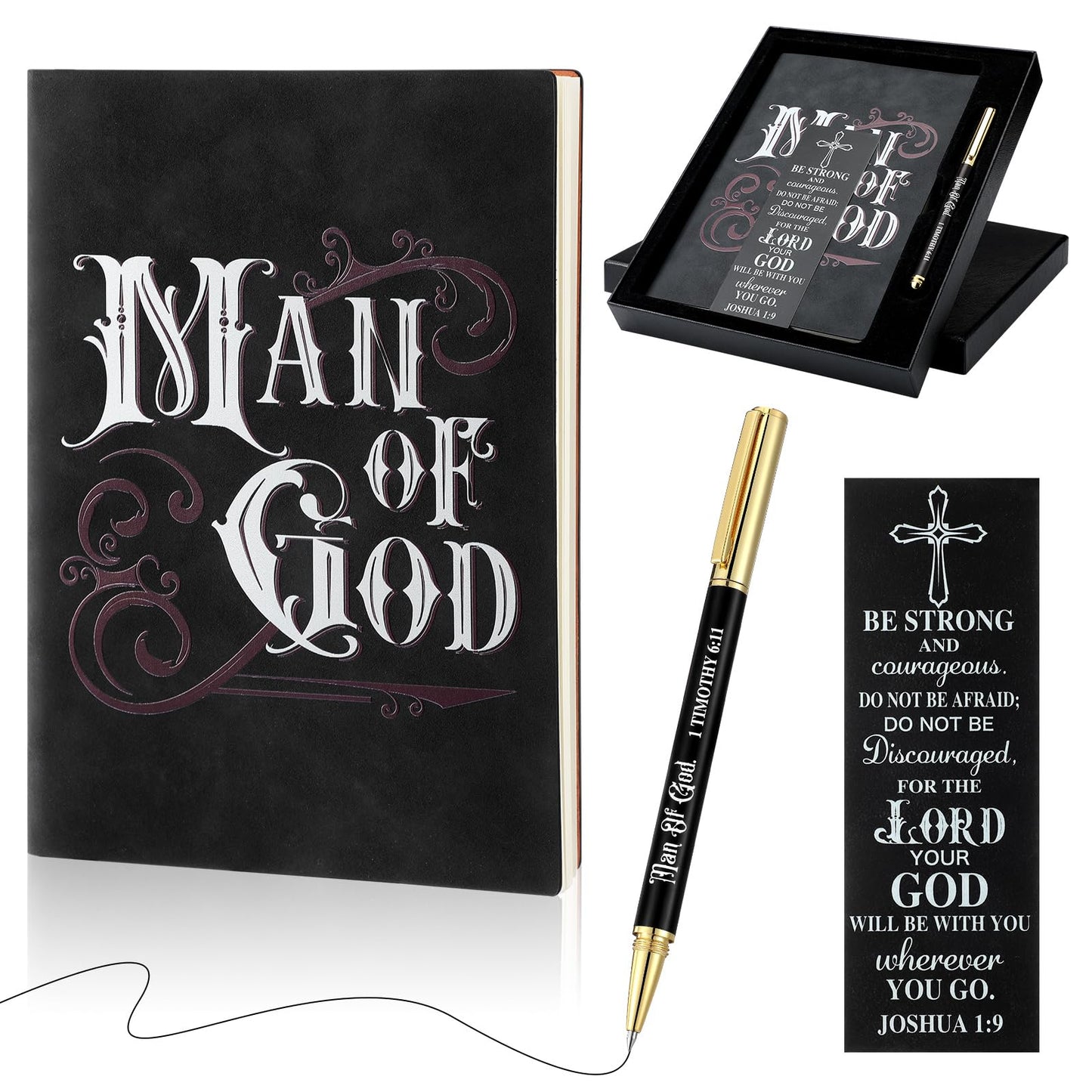 Fuyoooo 4 Pcs Christian Gifts for Men Father's Day Pastor Appreciation Gifts Vintage Leather Hardcover Notebook 1 Timothy 6:11 Religious Bible Verse Pen Joshua 1:9 Bookmark & Box(Man of God,Black)