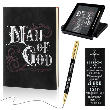 Fuyoooo 4 Pcs Christian Gifts for Men Father's Day Pastor Appreciation Gifts Vintage Leather Hardcover Notebook 1 Timothy 6:11 Religious Bible Verse Pen Joshua 1:9 Bookmark & Box(Man of God,Black)