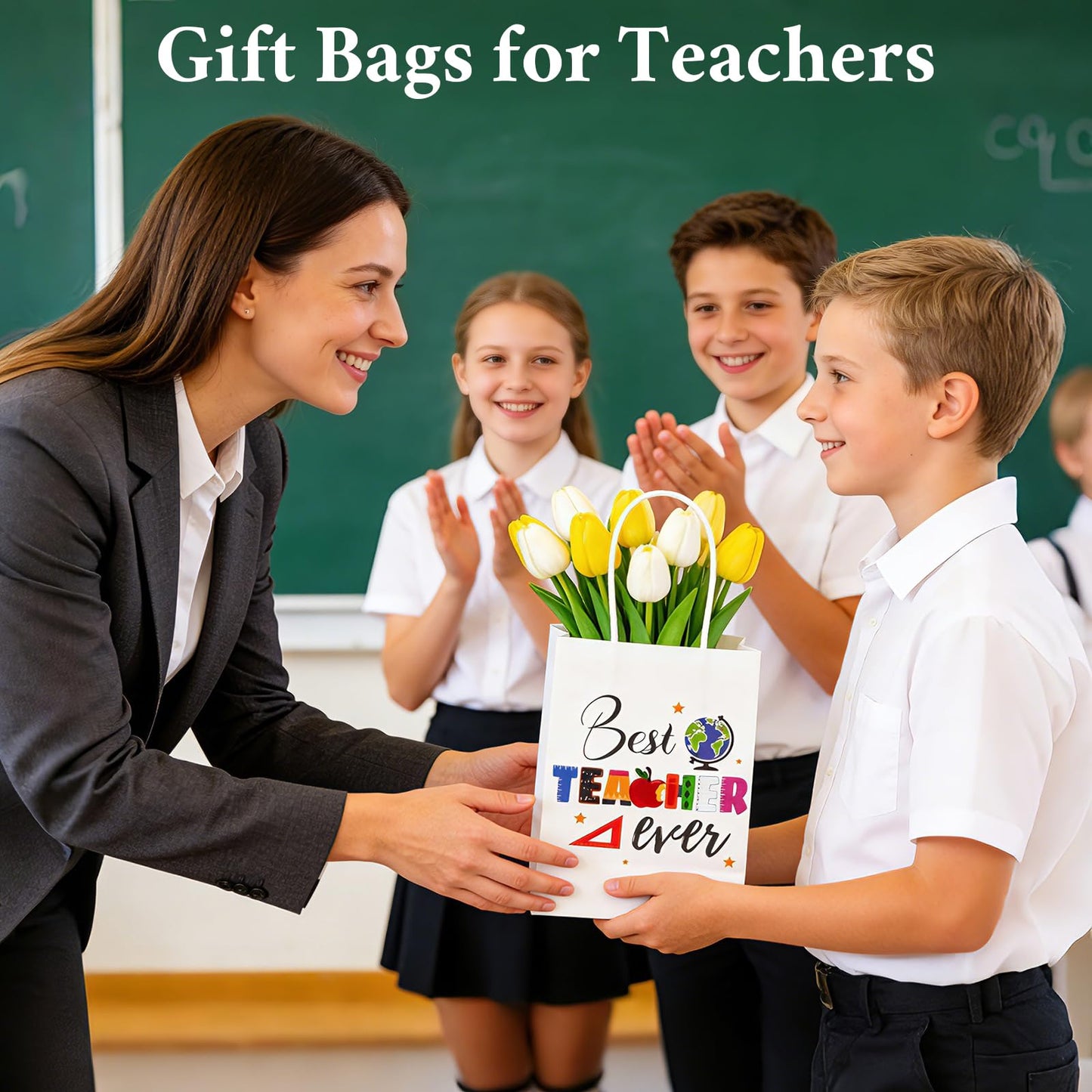 ZeffuLyne Teacher Appreciation Bags, 12Pcs Teacher Appreciation Gift Bags with Best Teacher Ever, Teachers' Day Back to School Party Favors Supplies