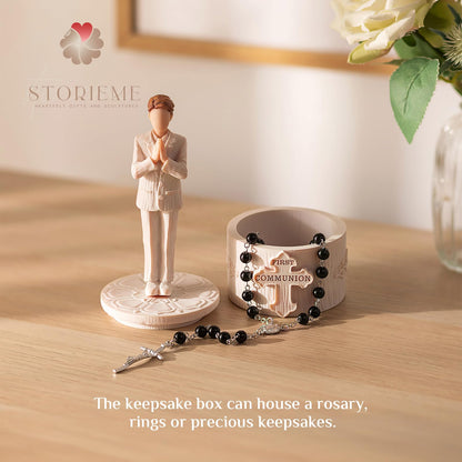 Storieme First Communion Gifts for Boys: 1st Holy Communion Decorations Keepsake Box with Rosary Cross Bracelet - Christian Religious Catholic Present for Baptism Confirmation