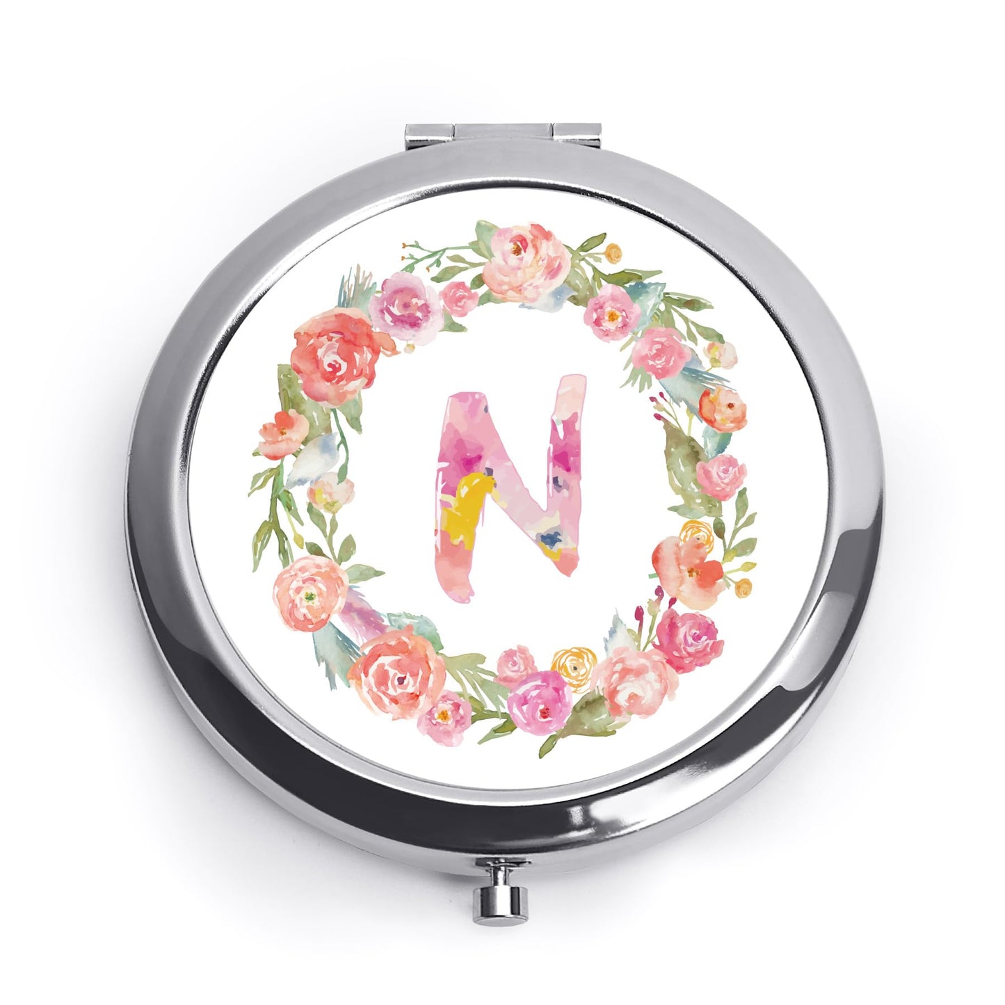 Personalized Gift for Women Girls Her, Custom Gifts for Adult Teen, Floral Monogram Alphabet Initial Compact Mirror for Birthday, Graduation, Mothers Day, Basket Stuffers