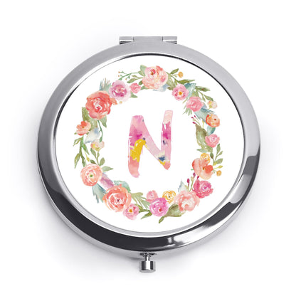Personalized Gift for Women Girls Her, Custom Gifts for Adult Teen, Floral Monogram Alphabet Initial Compact Mirror for Birthday, Graduation, Mothers Day, Basket Stuffers