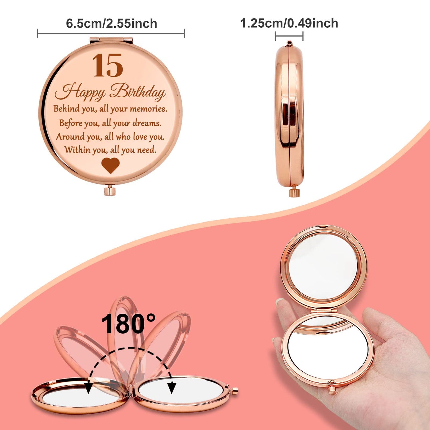 15th Birthday Compact Makeup Mirror, Round Stainless Steel Mirror with Tabletop Mount, Portable and Lightweight, Ideal for Travel and Daily Use