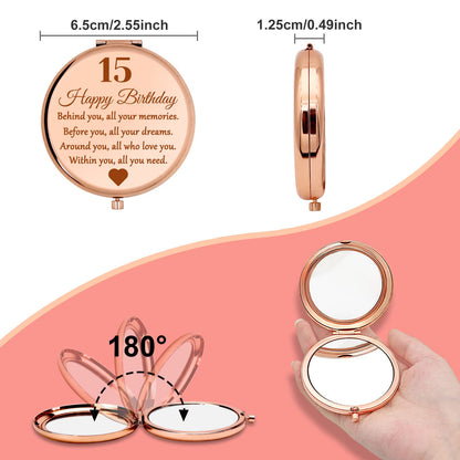 15th Birthday Compact Makeup Mirror, Round Stainless Steel Mirror with Tabletop Mount, Portable and Lightweight, Ideal for Travel and Daily Use