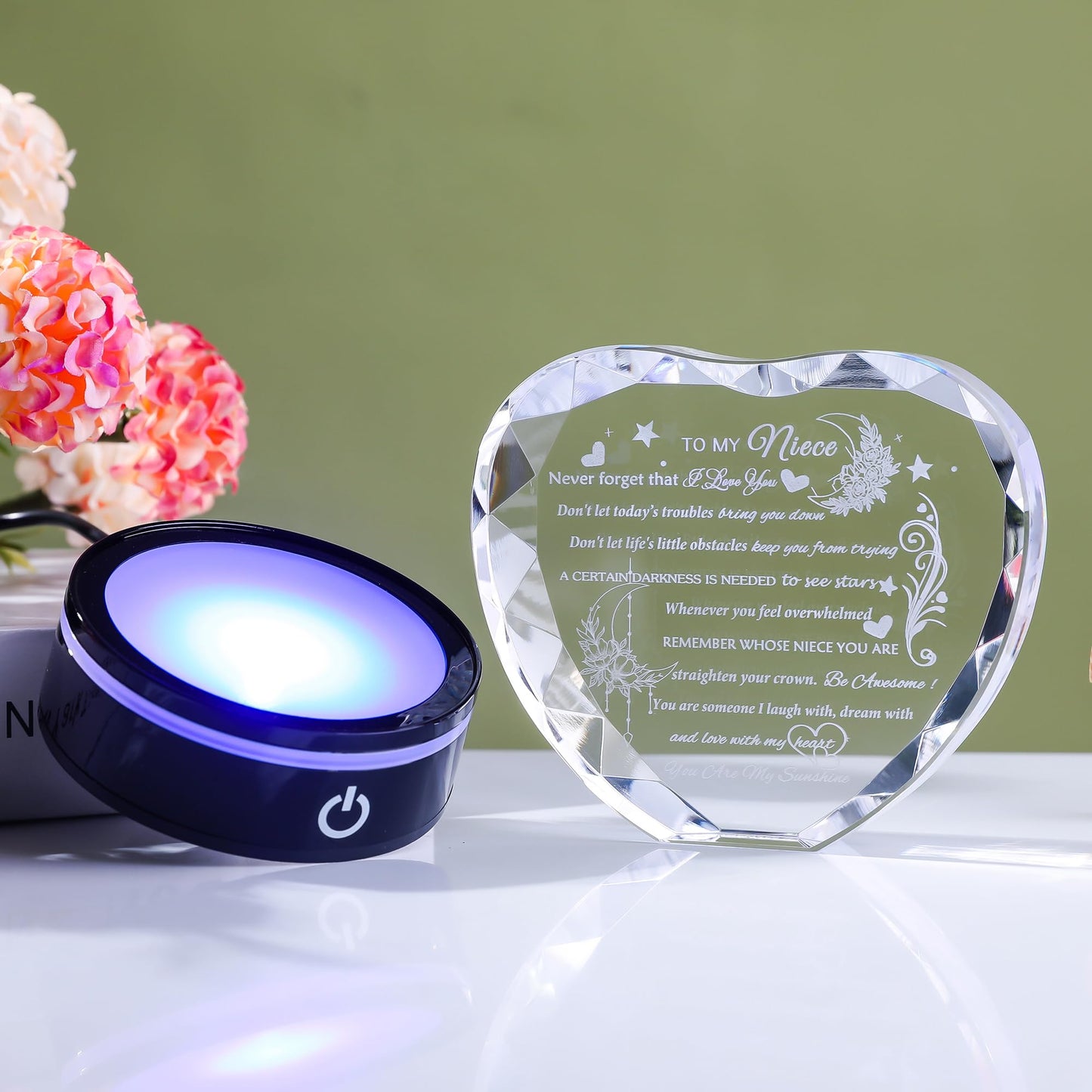 YWHL Niece Gifts from Auntie Uncle Heart Crystal Inspirational Graduation Gift for Niece with Colorful LED Base Unique Niece Gifts from Aunt on Birthday Christmas Valentine Day