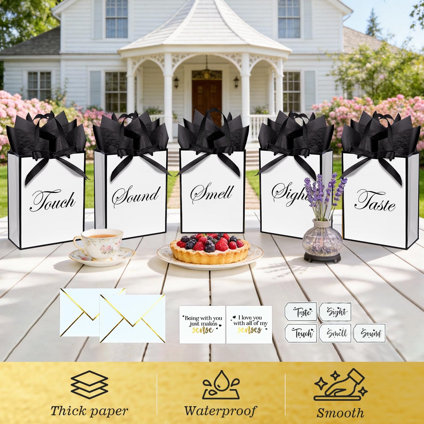 Nimbbex 5 Senses Gift Bags for Him Her with Labels & Ribbon, Five Senses Gift Bags with Handle, Envelopes and Cards for Birthday, Anniversary, Mother's Day, Valentine's Day 9 x 7 x 3.2 Inches (White)