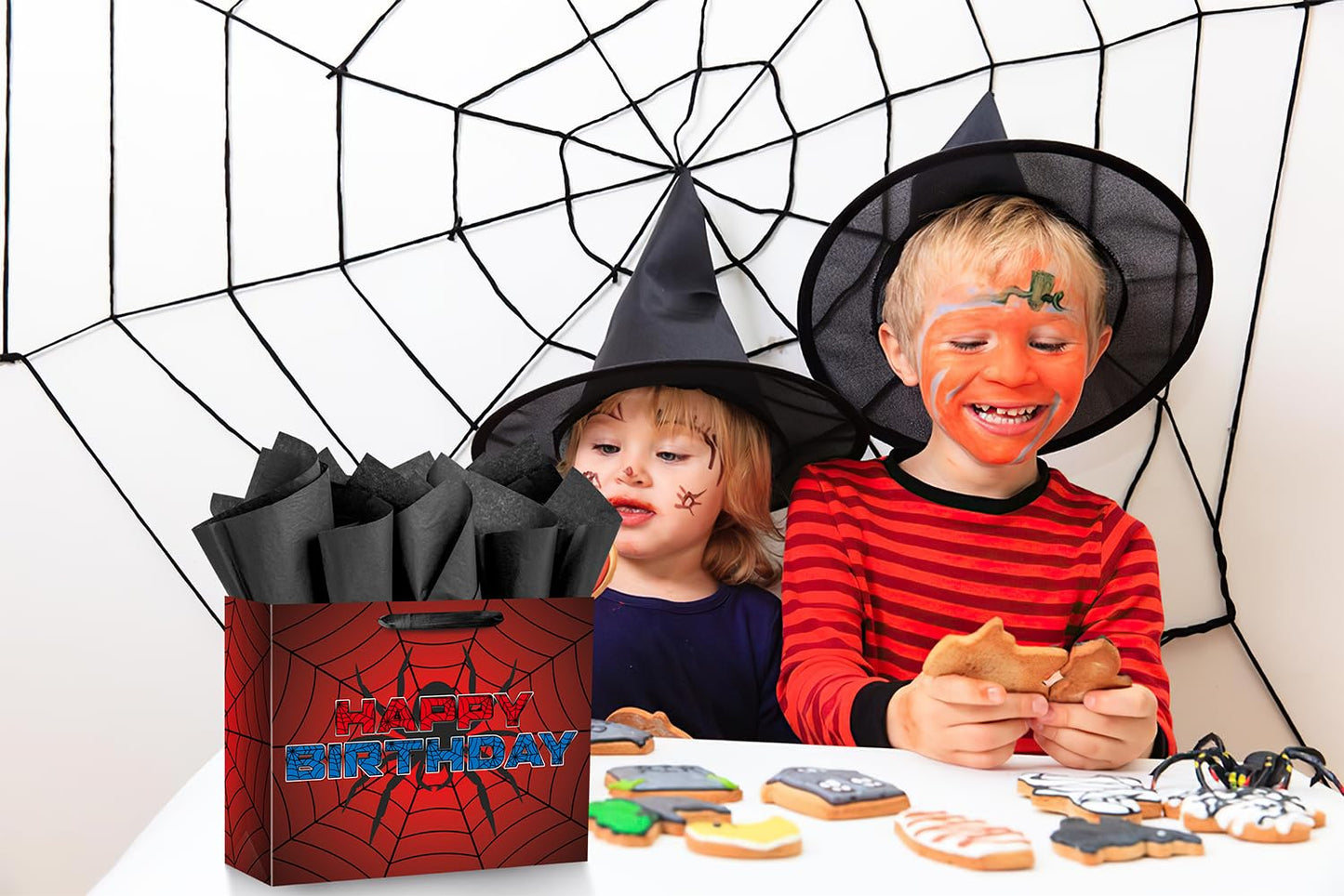 Ranfashiong 13" Red Large Spider Kids Birthday Gift Bag with Tissue Paper and Card, Spider Webs Design Wrapping for Boys, Girls Halloween Party Decor