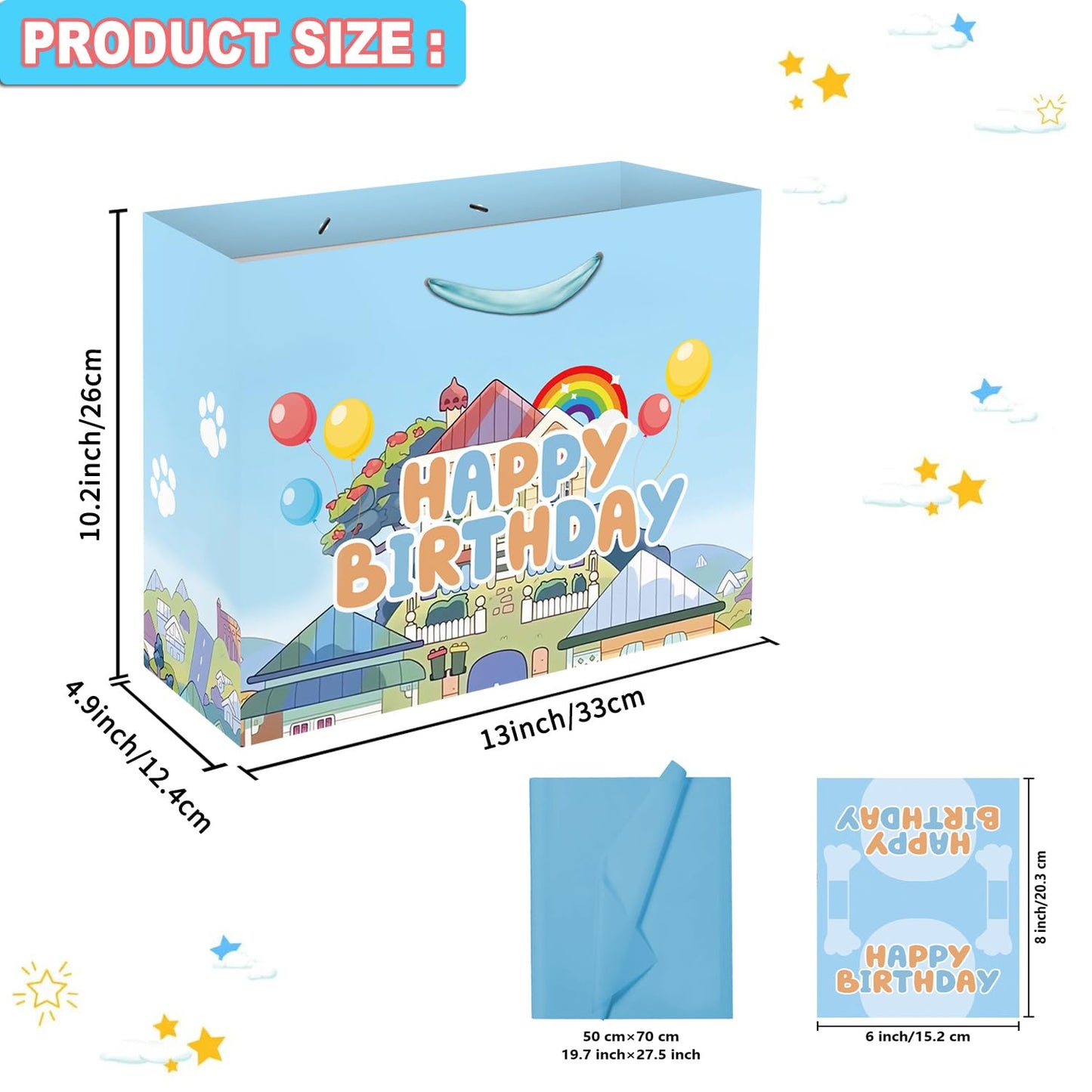 13" Large Cartoon Blue Dog House Party Supplies Gift Bag Set with Greeting Card and Tissue Papers, Blue Dog Theme Happy Birthday Gift Bags for Party Celebration Birthday Decorations