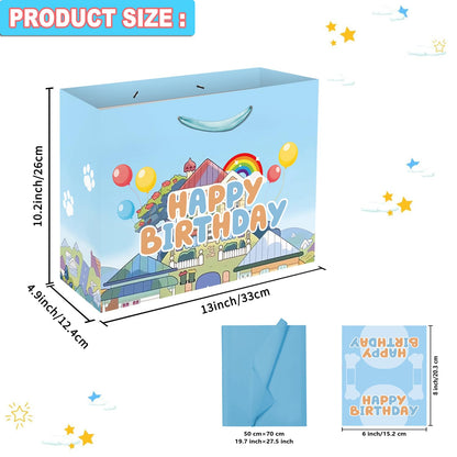 13" Large Cartoon Blue Dog House Party Supplies Gift Bag Set with Greeting Card and Tissue Papers, Blue Dog Theme Happy Birthday Gift Bags for Party Celebration Birthday Decorations