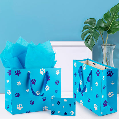 FUNCANDLE 13" Blue Dog Paw Print Gift Bags with Cards Tissue Paper, Blue White Dog Wrapping Paper Dog Themed Party Decoration for Girl Boy Kids Christmas Pet Birthday Gift Party Supplies