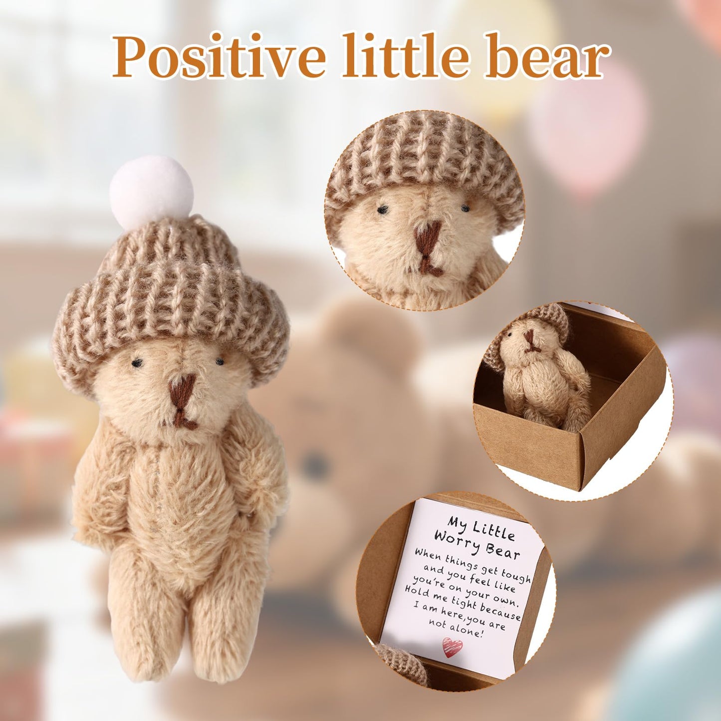 2 Sets Little Worry Bear in Box Tin with Hat, Handmade Positive Mini Pocket Bear with Encouragement Card Inspirational Toy for Friends Family Coworkers Gift (Khaki, Dark Brown)
