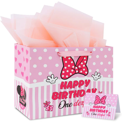 BAOOOFUL 13" Pink Mouse Theme Happy 1st Birthday Gift Bag with Tissue Paper and Greeting Card for Party,Birthday Wrapping Paper for Boy and Girls,Party Decorations Party Supplies(1 Pcs)