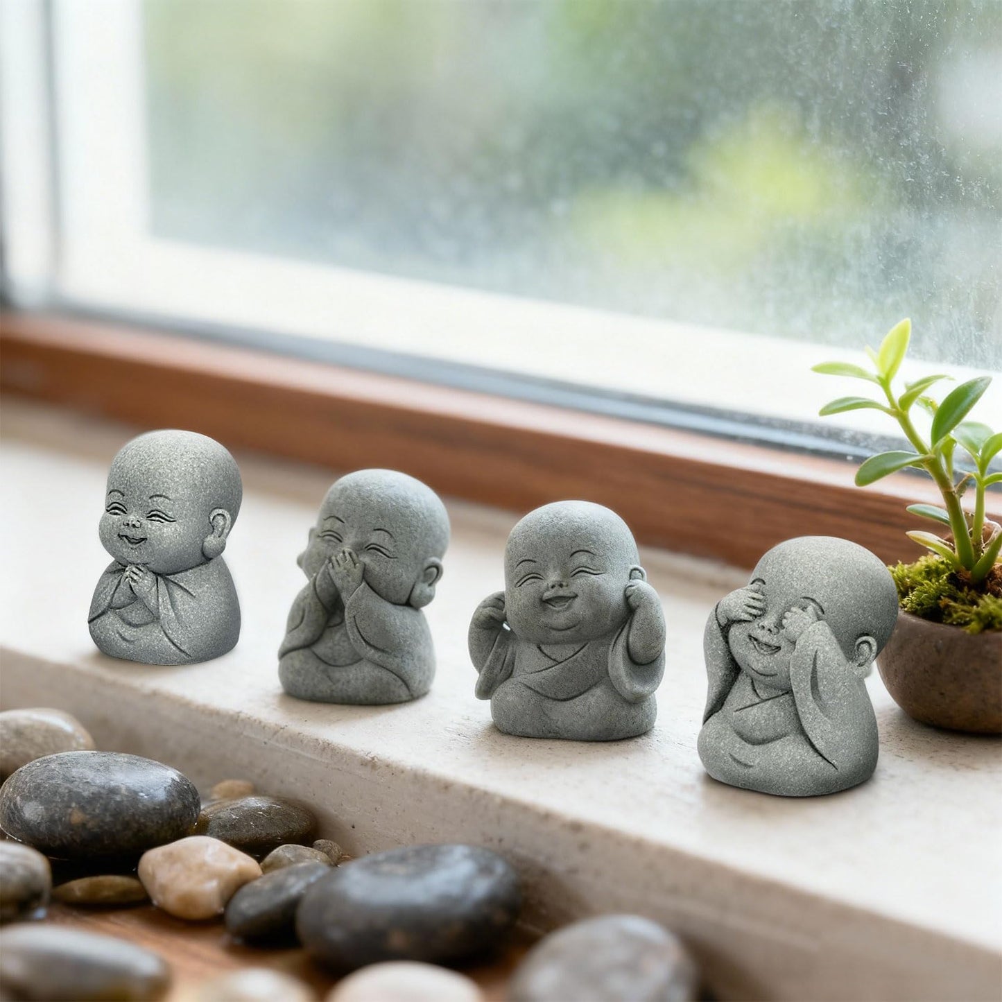 4Pcs Baby Buddha Statue Set, 2 Inch Mini Zen Monk, Sandstone Buddha for Desk Decor, Laughing Buddha for Good Luck, Car Dashboard, Home & Living Room Decor with Blessing Amulet