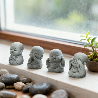 4Pcs Baby Buddha Statue Set, 2 Inch Mini Zen Monk, Sandstone Buddha for Desk Decor, Laughing Buddha for Good Luck, Car Dashboard, Home & Living Room Decor with Blessing Amulet