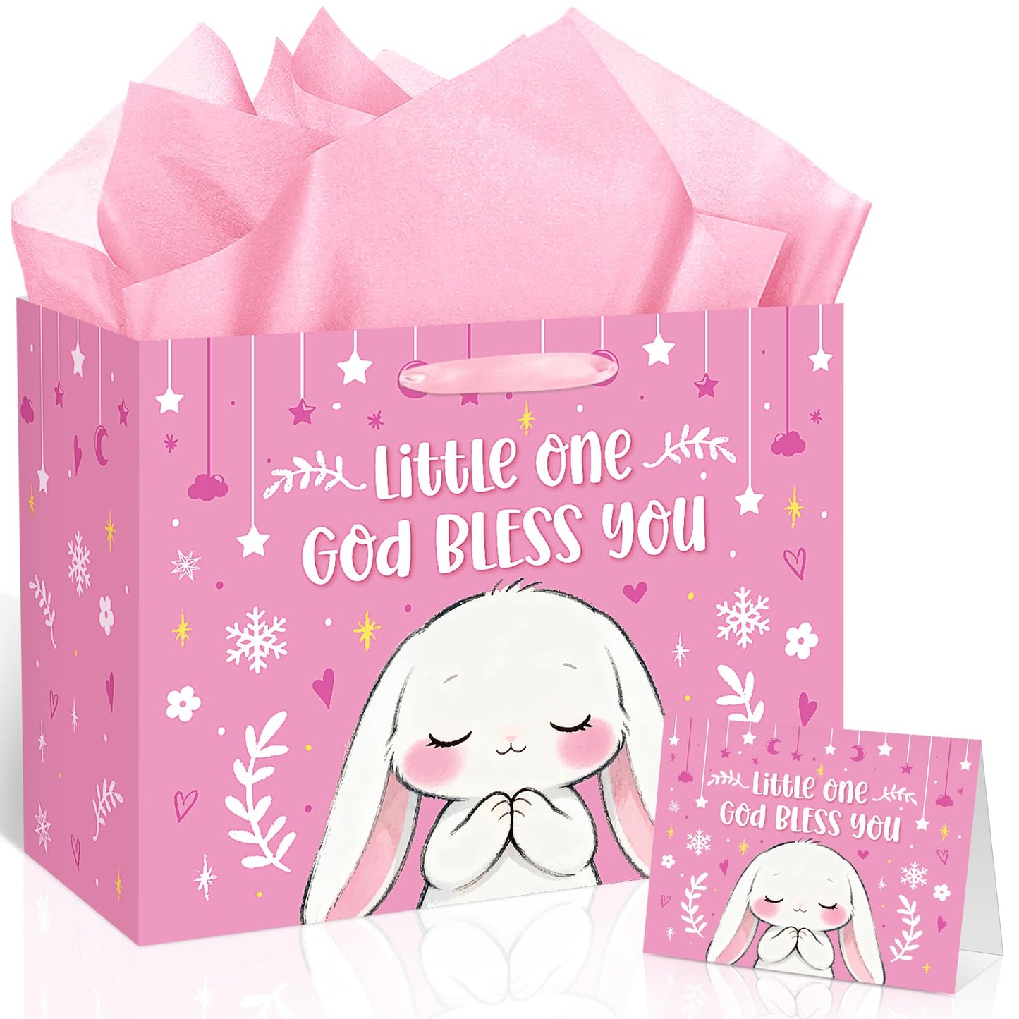 Large Baptism Gift Bags for Girls, Bunny Pray Pink Christening Gift Cross Gift Bag with Tissue Paper Card Little One God Bless You Religious First Holy Communion Wrapping Paper for Baby Girl Baptisms