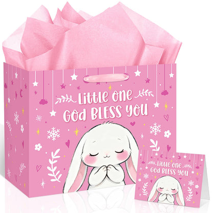 Large Baptism Gift Bags for Girls, Bunny Pray Pink Christening Gift Cross Gift Bag with Tissue Paper Card Little One God Bless You Religious First Holy Communion Wrapping Paper for Baby Girl Baptisms