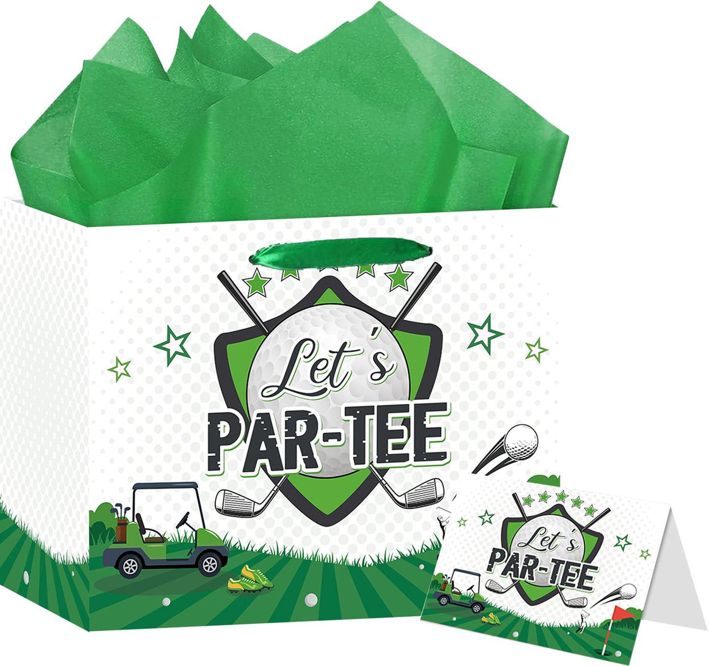 LOYUJI Large Golf Birthday Gift Bag, Green Golf Themed Gift Bag with Tissue Paper and Card, Sports Party Decorations for Men, Boys, Baby Showers, Birthday Party Favor Supplies
