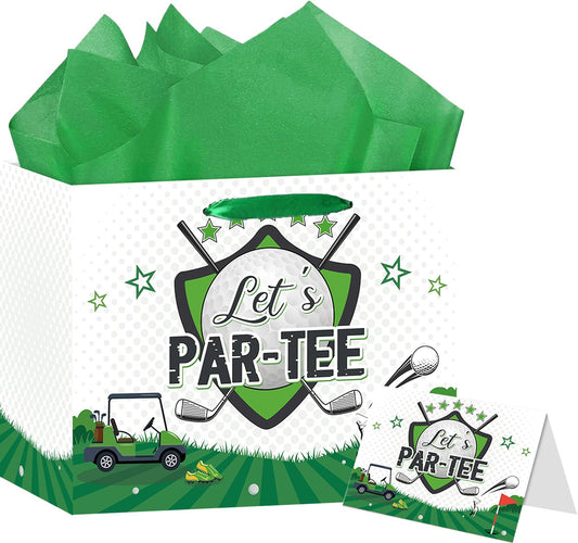 LOYUJI Large Golf Birthday Gift Bag, Green Golf Themed Gift Bag with Tissue Paper and Card, Sports Party Decorations for Men, Boys, Baby Showers, Birthday Party Favor Supplies
