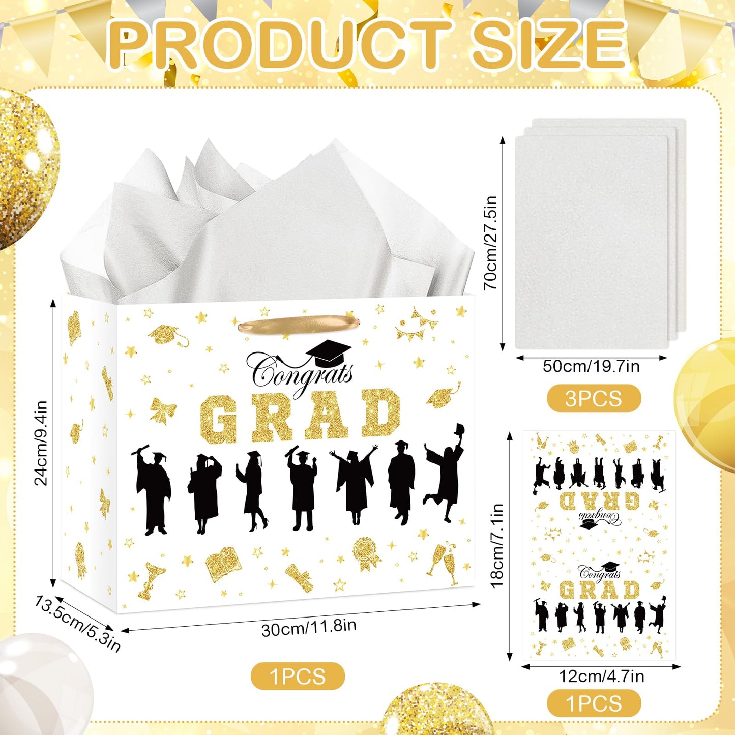 Graduation Gift Bag Class of 2026 Congrats Grad Gift Bag with Tissue Paper and Card Happy Graduation Wrapping Paper Bag for High School College University Gold Glitter Silhouette Theme Decorations