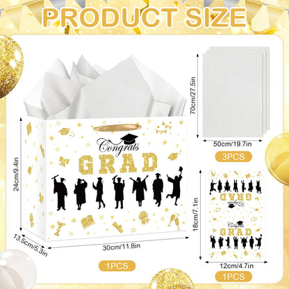 Graduation Gift Bag Class of 2026 Congrats Grad Gift Bag with Tissue Paper and Card Happy Graduation Wrapping Paper Bag for High School College University Gold Glitter Silhouette Theme Decorations