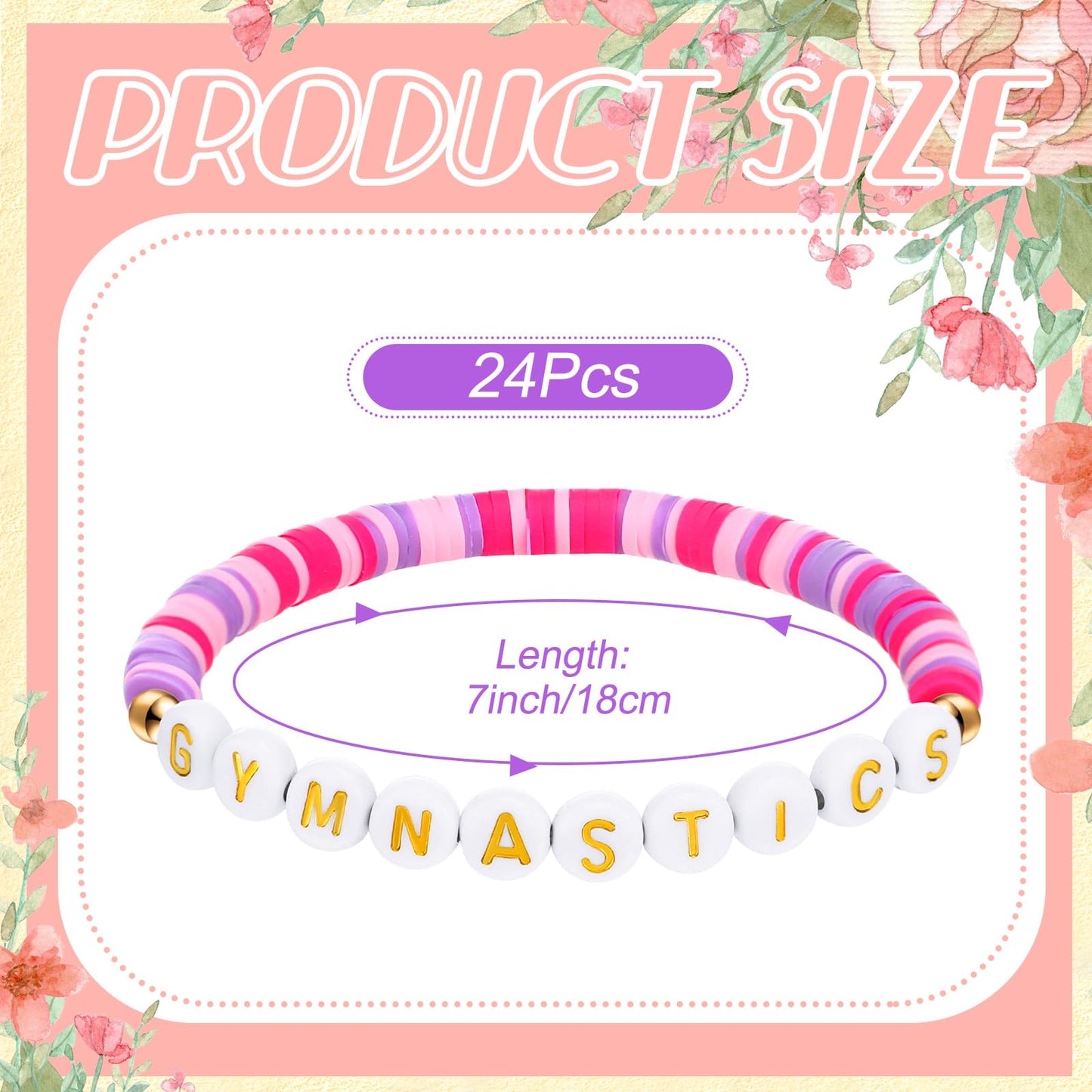 Huquary 24 Pcs Gymnastics Bracelets Gifts Gymnastics Party Favor Bulk Gymnast Clay Beaded Bracelets Sports Team Jewelry for Women Sport Team Fan Gymnast Birthday Party Favors
