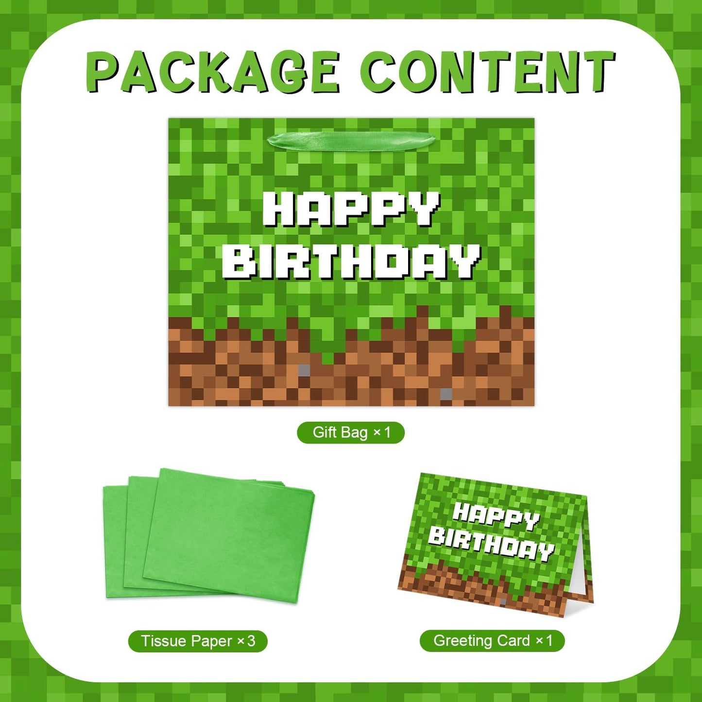 13" Large Green and Brown Pixel Birthday Gift Bag with Tissue Paper and Greeting Card Pixel Miner Theme Party Favor Bags Video Game Party for Boys Girls Kids Teenagers Birthday Decor